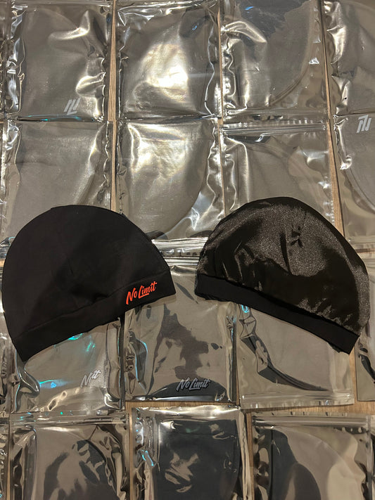 No Limit Black Satin Skull Cap (Red Logo)